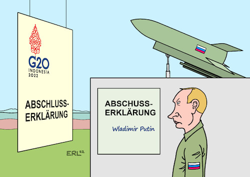 Cartoon: G20 Abschlusserklärung (medium) by Erl tagged politik,gipfel,treffen,g20,indonesien,bali,2022,abschlusserklärung,verurteilung,krieg,angriffskrieg,wladimir,putin,russland,ukraine,raketen,beschuss,abschuss,karikatur,erl,politik,gipfel,treffen,g20,indonesien,bali,2022,abschlusserklärung,verurteilung,krieg,angriffskrieg,wladimir,putin,russland,ukraine,raketen,beschuss,abschuss,karikatur,erl