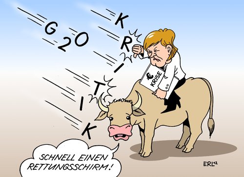 Cartoon: G20 Kritik (medium) by Erl tagged g20,gipfel,industristaaten,industrienationen,schulden,krise,kritik,eu,europa,usa,china,russland,schwellenländer,rettungsschirm,bundeskanzlerin,angela,merkel,stier,g20,gipfel,industriestaaten,industrienationen,schulden,krise,europa,russland,china