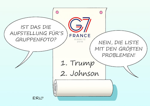 Cartoon: G7-Liste (medium) by Erl tagged politik,g7,gipfel,probleme,donald,trump,usa,rechtspopulismus,nationalismus,handelskrieg,boris,johnson,großbritannien,gb,uk,brexit,karikatur,erl,politik,g7,gipfel,probleme,donald,trump,usa,rechtspopulismus,nationalismus,handelskrieg,boris,johnson,großbritannien,gb,uk,brexit,karikatur,erl