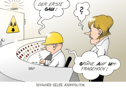 Cartoon: GAU (medium) by Erl tagged merkel,regierung,schwarz,gelb,koalition,cdu,csu,fdp,atompolitik,atomenergie,atomkraftwerk,laufzeit,verlängerung,oppsition,grüne,umfrage,hoch,rekord,angela merkel,regierung,schwarz,gelb,koalition,cdu,csu,fdp,atompolitik,atomenergie,atomkraftwerk,laufzeit,verlängerung,opposition,grüne,umfrage,angela,merkel