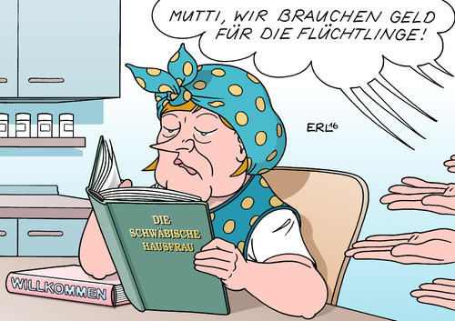 Cartoon: Geld für Flüchtlinge (medium) by Erl tagged erl,karikatur,hausfrau,schwäbische,sparsamkeit,sparen,willkommen,flüchtlinge,geld,finanzen,kommunen,länder,bund,ministerpräsidenten,treffen,merkel,angela,bundeskanzlerin,bundeskanzlerin,angela,merkel,treffen,ministerpräsidenten,bund,länder,kommunen,finanzen,geld,flüchtlinge,willkommen,sparen,sparsamkeit,schwäbische,hausfrau,karikatur,erl