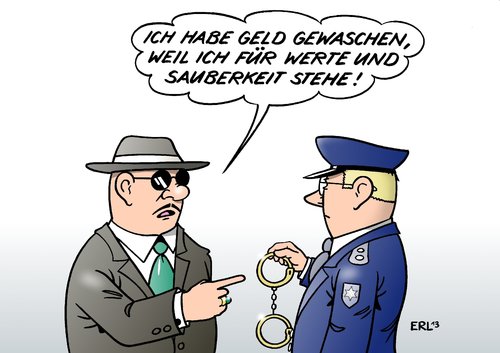 Cartoon: Geldwäsche (medium) by Erl tagged kriminalität,geldwäsche,bank,schattenbank,verbrechen,geld,werte,sauberkeit,polizei,handschellen,kriminalität,geldwäsche,bank,schattenbank,verbrechen,geld,werte,sauberkeit,polizei,handschellen