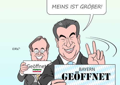 Cartoon: Geöffnet (medium) by Erl tagged politik,corona,pandemie,virus,kontaktverbot,schließung,schulen,kindergärten,kitas,geschäfte,gaststätten,restaurants,lockerungen,wettbewerb,bundesländer,laschet,söder,nrw,bayern,ministerpräsidenten,schild,geöffnet,karikatur,erl,politik,corona,pandemie,virus,kontaktverbot,schließung,schulen,kindergärten,kitas,geschäfte,gaststätten,restaurants,lockerungen,wettbewerb,bundesländer,laschet,söder,nrw,bayern,ministerpräsidenten,schild,geöffnet,karikatur,erl