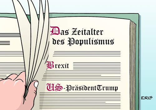 Cartoon: Geschichtsbuch (medium) by Erl tagged zeitalter,trump,donald,präsident,wahl,usa,populismus,rechtspopulismus,brexit,ukip,farage,front,national,le,pen,geert,wilders,afd,gefühle,fakten,geschichte,geschichtsbuch,buch,karikatur,erl,usa,wahl,präsident,donald,trump