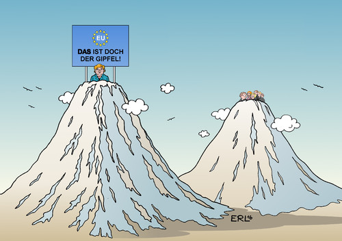 Cartoon: Gipfel (medium) by Erl tagged flüchtlinge,eu,aufnahme,solidarität,egoismus,isolation,bundeskanzlerin,angela,merkel,deutschland,gipfel,berg,karikatur,erl,flüchtlinge,eu,aufnahme,solidarität,egoismus,isolation,bundeskanzlerin,angela,merkel,deutschland,gipfel,berg,karikatur,erl