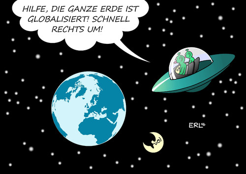 Cartoon: Globalisierungsangst (medium) by Erl tagged studie,globalisierung,angst,reaktion,populismus,rechtspopulismus,verunsicherung,fremdenangst,heimat,nationalgefühl,nationalismus,rassismus,erde,welt,weltall,mond,sterne,außerirdische,ufo,karikatur,erl,studie,globalisierung,angst,reaktion,populismus,rechtspopulismus,verunsicherung,fremdenangst,heimat,nationalgefühl,nationalismus,rassismus,erde,welt,weltall,mond,sterne,außerirdische,ufo,karikatur,erl