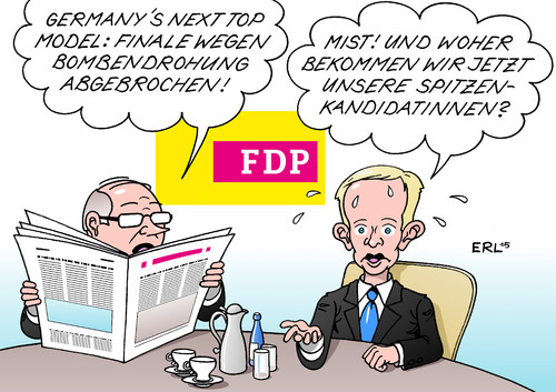 Cartoon: GNT FDP (medium) by Erl tagged fdp,freie,demokratische,partei,liberale,parteitag,christian,lindner,vorsitzender,landtagswahlen,spitzenkandidatinnen,jung,hübsch,katja,suding,lencke,steiner,germanys,next,top,model,finale,bombendrohung,abbruch,karikatur,erl,fdp,freie,demokratische,partei,liberale,parteitag,christian,lindner,vorsitzender,landtagswahlen,spitzenkandidatinnen,jung,hübsch,katja,suding,lencke,steiner,germanys,next,top,model,finale,bombendrohung,abbruch