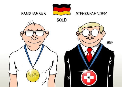 Cartoon: Gold (medium) by Erl tagged gold,goldmedaille,deutschland,kanu,steuerfahnder,steuer,cd,schwarzgeld,schweiz,bank,steuerbetrug,geld,olympia,olympische,spiele,london,2012,gold,goldmedaille,kanu,steuerfahnder,steuer,schwarzgeld,olympia