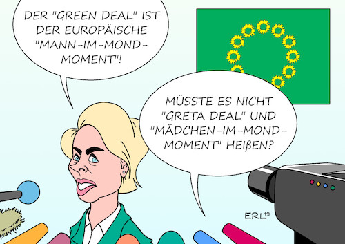 Cartoon: Green Deal (medium) by Erl tagged politik,eu,kommissionspräsidentin,ursula,von,der,leyen,ankündigung,green,deal,vergleich,mondlandung,meilenstein,klimaschutz,klima,klimakrise,erderwärmung,co2,vermeidung,klimaneutral,fridays,for,future,greta,thunberg,flagge,sonnenblumen,grün,karikatur,erl,politik,eu,kommissionspräsidentin,ursula,von,der,leyen,ankündigung,green,deal,vergleich,mondlandung,meilenstein,klimaschutz,klima,klimakrise,erderwärmung,co2,vermeidung,klimaneutral,fridays,for,future,greta,thunberg,flagge,sonnenblumen,grün,karikatur,erl