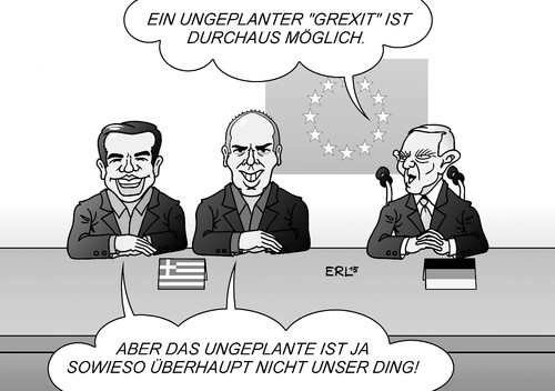 Cartoon: Grexit (medium) by Erl tagged griechenland,krise,schulden,euro,eu,ezb,iwf,grexit,deutschland,schäuble,regierung,tsipras,varoufakis,plan,geld,wirtschaft,finanzen,kredit,finanzminister