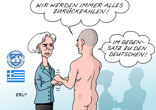 Cartoon: Griechenland (medium) by Erl tagged griechenland,krise,euro,schulden,geld,finanzen,eu,ezb,iwf,christine,lagard,besuch,finanzminister,varoufakis,versprechen,rückzahlung,kredit,kredite,thema,reparationszahlungen,deutschland,drittes,reich,nationalsozialismus,kriegsverbrechen,karikatur,erl,griechenland,krise,euro,schulden,geld,finanzen,eu,ezb,iwf,christine,lagard,besuch,finanzminister,varoufakis,versprechen,rückzahlung,kredit,kredite,thema,reparationszahlungen,deutschland,drittes,reich,nationalsozialismus,kriegsverbrechen,zwangsanleihen,schuld,nackt