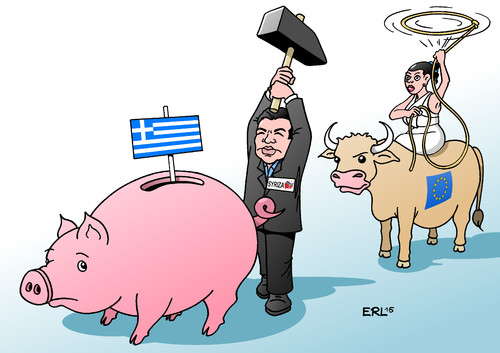 Cartoon: Griechenland EU (medium) by Erl tagged griechenland,wahl,sparkurs,sparschwein,eu,iwf,ezb,troika,gefangen,befreiung,syriza,linkspartei,alexis,tsipras,verarmung,arm,reich,hammer,lasso,europa,stier,karikatur,erl,griechenland,wahl,sparkurs,sparschwein,eu,iwf,ezb,troika,gefangen,befreiung,syriza,linkspartei,alexis,tsipras,verarmung,arm,reich,hammer,lasso,europa,stier