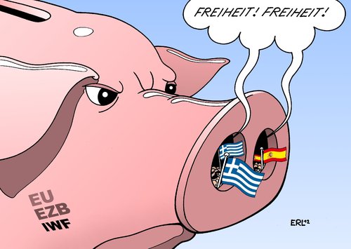 Cartoon: Griechenland Spanien (medium) by Erl tagged euro,krise,schulden,sparkurs,eu,ezb,iwf,troika,griechenland,spanien,protest,armut,streik,sparen,sparschwein,gefängnis,gefangen,freiheit,euro,krise,schulden,sparkurs,eu,ezb,iwf,troika,griechenland,spanien,protest,armut,streik,sparen,sparschwein,gefängnis,gefangen,freiheit