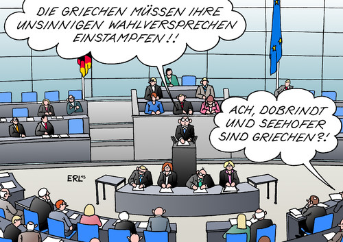 Cartoon: Griechenland und Maut (medium) by Erl tagged bundestag,debatte,abstimmung,griechenland,hilfe,verlängerung,skepsis,union,cdu,csu,pkw,maut,ausländer,seehofer,dobrindt,wahlversprechen,unsinn,regierung,tsipras,varoufakis,syriza,griechen,karikatur,erl,bundestag,debatte,abstimmung,griechenland,hilfe,verlängerung,skepsis,union,cdu,csu,pkw,maut,ausländer,seehofer,dobrindt,wahlversprechen,unsinn,regierung,tsipras,varoufakis,syriza,griechen