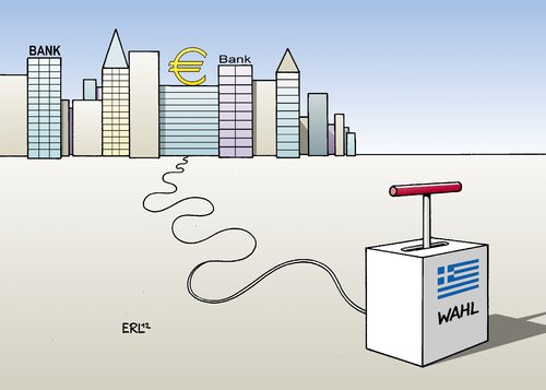 Cartoon: Griechenland Wahl (medium) by Erl tagged griechenland,wahl,krise,schulden,euro,sprengung,austritt,rauswurf,sparen,sparkurs,brüssel,eu,troika,alexis,tsipras,syriza,links,linke,partei,griechenland,wahl,krise,schulden,euro,sprengung,rauswurf,troika,alexis