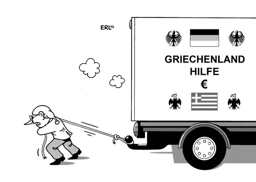 Cartoon: Griechenlandhilfe (medium) by Erl tagged griechenland,euro,schulden,krise,eu,ezb,iwf,deutschland,rettungsschirm,finanzspritze,hilfe,bürgschaft,geld,steuergeld,bürger,dagegen,lastwagen,aufhalten