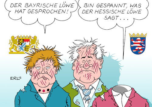 Cartoon: Groko (medium) by Erl tagged politik,bayern,landtagswahl,regierung,partei,alleinregierung,csu,absolute,mehrheit,umfragen,absturz,einbruch,umfragetief,wähler,denkzettel,ministerpräsident,markus,söder,landespolitik,bundespolitik,innenminister,horst,seehofer,sündenbock,streit,bundeskanzlerin,angela,merkel,cdu,flüchtlingspolitik,groko,berlin,spd,andrea,nahles,angst,wahl,hessen,löwe,karikatur,erl,politik,bayern,landtagswahl,regierung,partei,alleinregierung,csu,absolute,mehrheit,umfragen,absturz,einbruch,umfragetief,wähler,denkzettel,ministerpräsident,markus,söder,landespolitik,bundespolitik,innenminister,horst,seehofer,sündenbock,streit,bundeskanzlerin,angela,merkel,cdu,flüchtlingspolitik,groko,berlin,spd,andrea,nahles,angst,wahl,hessen,löwe,karikatur,erl