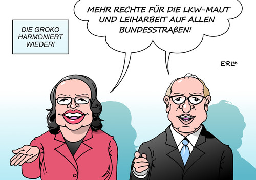 Cartoon: Groko Harmonie (medium) by Erl tagged große,koalition,schwarz,rot,cdu,csu,spd,arbeit,harmonie,leiharbeit,leiharbeiter,rechte,lkw,maut,ausdehnung,alle,bundesstraßen,bundesstraße,arbeitsministerin,nahles,verkehrsminister,dobrindt,karikatur,erl,große,koalition,schwarz,rot,cdu,csu,spd,arbeit,harmonie,leiharbeit,leiharbeiter,rechte,lkw,maut,ausdehnung,alle,bundesstraßen,bundesstraße,arbeitsministerin,nahles,verkehrsminister,dobrindt,karikatur,erl