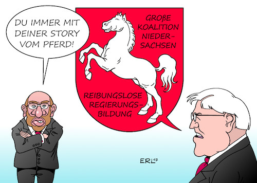 Cartoon: Groko Niedersachsen (medium) by Erl tagged bundestagswahl,wahl,bundestag,regierung,regierungsbildung,jamaika,schwarz,gelb,grün,cdu,csu,fdp,die,grünen,scheitern,platzen,liberale,forderung,land,partei,spd,groko,grosse,koalition,zögern,martin,schulz,bundespräsident,frank,walter,steinmeier,beispiel,niedersachsen,wappen,pferd,story,karikatur,erl,bundestagswahl,wahl,bundestag,regierung,regierungsbildung,jamaika,schwarz,gelb,grün,cdu,csu,fdp,die,grünen,scheitern,platzen,liberale,forderung,land,partei,spd,groko,grosse,koalition,zögern,martin,schulz,bundespräsident,frank,walter,steinmeier,beispiel,niedersachsen,wappen,pferd,story,karikatur,erl