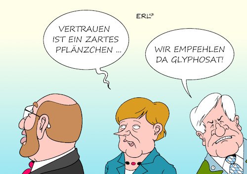 Cartoon: Groko Vertrauen (medium) by Erl tagged bundestagswahl,wahl,bundestag,regierung,regierungsbildung,jamaika,scheitern,neuauflage,grosse,koalition,groko,schwarz,rot,cdu,csu,spd,werbung,vertrauen,eu,abstimmung,glyphosat,pflanzenschutzmittel,krebserregend,gift,einsatz,erlaubnis,verlängerung,deutschland,zustimmung,landwirtschaftsminister,schmidt,verletzung,absprachen,seehofer,merkel,schulz,karikatur,erl,bundestagswahl,wahl,bundestag,regierung,regierungsbildung,jamaika,scheitern,neuauflage,grosse,koalition,groko,schwarz,rot,cdu,csu,spd,werbung,vertrauen,eu,abstimmung,glyphosat,pflanzenschutzmittel,krebserregend,gift,einsatz,erlaubnis,verlängerung,deutschland,zustimmung,landwirtschaftsminister,schmidt,verletzung,absprachen,seehofer,merkel,schulz,karikatur,erl