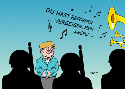 Cartoon: Großer Zapfenstreich (medium) by Erl tagged politik,bundeskanzlerin,angela,merkel,amtszeit,ende,verabschiedung,großer,zapfenstreich,bundeswehr,musik,wunsch,du,hast,den,farbfilm,vergessen,nina,hagen,bilanz,reformen,verschlafen,reformstau,karikatur,erl,politik,bundeskanzlerin,angela,merkel,amtszeit,ende,verabschiedung,großer,zapfenstreich,bundeswehr,musik,wunsch,du,hast,den,farbfilm,vergessen,nina,hagen,bilanz,reformen,verschlafen,reformstau,karikatur,erl