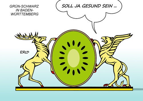 Cartoon: Grün-Schwarz (medium) by Erl tagged baden,württemberg,landtagswahl,regierung,koalition,grün,schwarz,die,grünen,cdu,kiwi,wappen,obst,frucht,gesund,kretschmann,ministerpräsident,karikatur,erl,baden,württemberg,landtagswahl,regierung,koalition,grün,schwarz,die,grünen,cdu,kiwi,wappen,obst,frucht,gesund,kretschmann,ministerpräsident,karikatur,erl