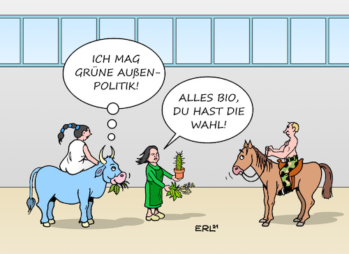 Cartoon: Grüne Außenpolitik II (medium) by Erl tagged politik,außenpolitik,grün,außenministerin,annalena,baerbock,bündnis90,die,grünen,grüne,antrittsbesuch,paris,brüssel,eu,europa,stier,linie,russland,präsident,putin,aggression,ukraine,krim,pferd,futter,bio,gras,blätter,hafer,kaktus,karikatur,erl,politik,außenpolitik,grün,außenministerin,annalena,baerbock,bündnis90,die,grünen,grüne,antrittsbesuch,paris,brüssel,eu,europa,stier,linie,russland,präsident,putin,aggression,ukraine,krim,pferd,futter,bio,gras,blätter,hafer,kaktus,karikatur,erl