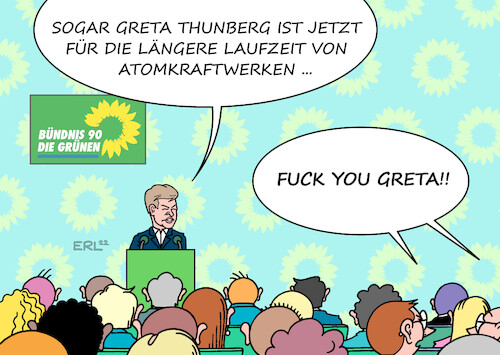 Cartoon: Grünenparteitag (medium) by Erl tagged politik,partei,bündnis,90,die,grünen,grüne,parteitag,wirtschaftsminister,robert,habeck,energie,gas,knappheit,kohle,atomkraft,rote,linie,verlängerung,laufzeit,greta,thunberg,karikatur,erl,politik,partei,bündnis,90,die,grünen,grüne,parteitag,wirtschaftsminister,robert,habeck,energie,gas,knappheit,kohle,atomkraft,rote,linie,verlängerung,laufzeit,greta,thunberg,karikatur,erl