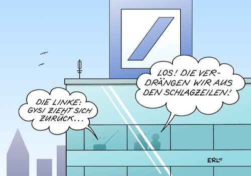 Cartoon: Gysi Deutsche Bank (medium) by Erl tagged die,linke,linkspartei,partei,parteitag,rückzug,fraktionschef,gregor,gysi,nachrichten,radio,deutsche,bank,chef,doppelspitze,fitschen,jain,rücktritt,skandale,prozesse,betrug,finanzen,geld,banking,schlagzeilen,verdrängen,karikatur,erl,die,linke,linkspartei,partei,parteitag,rückzug,fraktionschef,gregor,gysi,nachrichten,radio,deutsche,bank,chef,doppelspitze,fitchen,jain,rücktritt,skandale,prozesse,betrug,finanzen,geld,banking,schlagzeilen,verdrängen