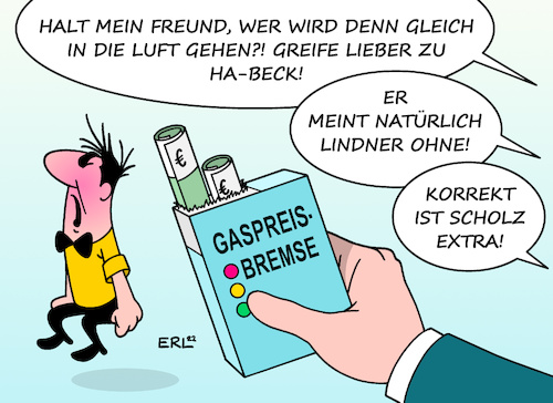 Cartoon: Ha-beck-Männchen (medium) by Erl tagged politik,krieg,russland,ukraine,energie,gas,knappheit,verteuerung,gaspreis,anstieg,bundesregierung,ampel,streit,entlastung,wirtschaftsminister,robert,habeck,grüne,gasumlage,gaspreisbremse,finanzminister,christian,lindner,fdp,bundeskanzler,olaf,scholz,spd,werbung,hb,männchen,zigaretten,marke,karikatur,erl,politik,krieg,russland,ukraine,energie,gas,knappheit,verteuerung,gaspreis,anstieg,bundesregierung,ampel,streit,entlastung,wirtschaftsminister,robert,habeck,grüne,gasumlage,gaspreisbremse,finanzminister,christian,lindner,fdp,bundeskanzler,olaf,scholz,spd,werbung,hb,männchen,zigaretten,marke,karikatur,erl