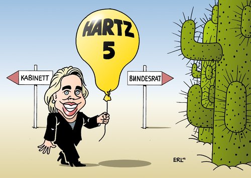 Cartoon: Hartz 5 (medium) by Erl tagged hartz,vier,reform,von,der,leyen,ursula,bundesverfassungsgericht,urteil,kabinett,beschluss,bundesrat,kaktus,luftballon,hartz,reform,ursula von der leyen,bundesverfassungsgericht,urteil,kabinett,beschluss,bundesrat,gericht,justiz,arbeit,arbeitslosigkeit,ursula,von,der,leyen