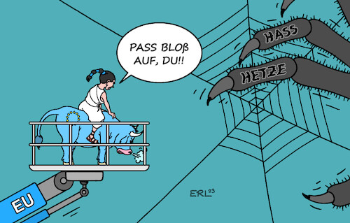 Cartoon: Hass und Hetze im Netz (medium) by Erl tagged politik,internet,world,wide,web,netz,soziale,medien,social,media,hass,hetze,gewalt,digital,services,act,eu,inhalte,anstößig,entfernung,anbieter,apple,google,amazon,twitter,tik,tok,spinne,europa,stier,hebebühne,karikatur,erl,politik,internet,world,wide,web,netz,soziale,medien,social,media,hass,hetze,gewalt,sex,digital,services,act,eu,inhalte,anstößig,entfernung,anbieter,apple,google,amazon,twitter,tik,tok,spinne,europa,stier,hebebühne,karikatur,erl