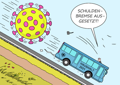 Cartoon: Haushalt 2021 (medium) by Erl tagged politik,finanzen,geld,haushalt,2021,corona,virus,pandemie,covid19,lockdown,wirtschaft,einbruch,hilfen,gesundheit,kosten,impfstoff,neuverschuldung,aussetzung,schuldenbremse,talfahrt,bus,karikatur,erl,politik,finanzen,geld,haushalt,2021,corona,virus,pandemie,covid19,lockdown,wirtschaft,einbruch,hilfen,gesundheit,kosten,impfstoff,neuverschuldung,aussetzung,schuldenbremse,talfahrt,bus,karikatur,erl