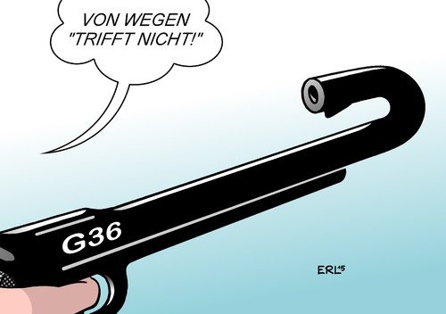 Cartoon: Heckler und Koch verteidigt sich (medium) by Erl tagged gewehr,sturmgewehr,g36,hitze,verformung,treffsicherheit,gering,heckler,und,koch,rüstung,rüstungskonzern,waffen,bundeswehr,verteidigung,karikatur,erl,gewehr,sturmgewehr,g36,hitze,verformung,treffsicherheit,gering,heckler,und,koch,rüstung,rüstungskonzern,waffen,bundeswehr,verteidigung