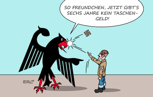 Cartoon: Heimat (medium) by Erl tagged politik,partei,rechtsextremismus,npd,nachfolger,heimat,bundesverfassungsgericht,karlsruhe,urteil,entzug,parteienfinanzierung,staatsgelder,bundesadler,taschengeld,neonazi,karikatur,erl,politik,partei,rechtsextremismus,npd,nachfolger,heimat,bundesverfassungsgericht,karlsruhe,urteil,entzug,parteienfinanzierung,staatsgelder,bundesadler,taschengeld,neonazi,karikatur,erl