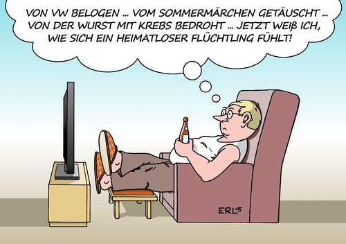 Cartoon: Heimatlos (medium) by Erl tagged vw,diesel,betrug,sommermärchen,fußball,wm,weltmeisterschaft,wurst,krebserregend,heimat,heimatlos,flüchtlinge,mitgefühl,karikatur,erl,vw,diesel,betrug,sommermärchen,fußball,wm,weltmeisterschaft,wurst,krebserregend,heimat,heimatlos,flüchtlinge,mitgefühl,karikatur,erl