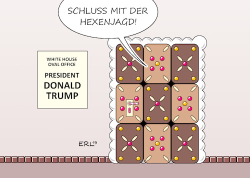 Cartoon: Hexenjagd (medium) by Erl tagged politik,usa,donald,trump,impeachment,amtsenthebungsverfahren,telefonat,präsident,ukraine,wolodymyr,selenskyj,drängen,untersuchung,sohn,joe,biden,demokrat,präsidentschaft,bewerber,konkurrent,hexenjagd,hexenhaus,lebkuchen,karikatur,erl,politik,usa,donald,trump,impeachment,amtsenthebungsverfahren,telefonat,präsident,ukraine,wolodymyr,selenskyj,drängen,untersuchung,sohn,joe,biden,demokrat,präsidentschaft,bewerber,konkurrent,hexenjagd,hexenhaus,lebkuchen,karikatur,erl