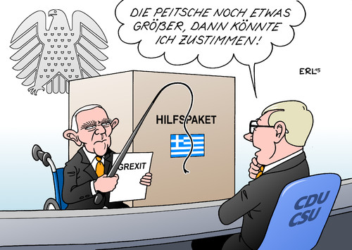 Cartoon: Hilfspaket CDU CSU (medium) by Erl tagged griechenland,pleite,schulden,euro,eu,ezb,iwf,sparkurs,reformen,hilfspaket,bundestag,zustimmung,skepsis,cdu,csu,finanzminister,schäuble,grexit,peitsche,karikatur,erl,griechenland,pleite,schulden,euro,eu,ezb,iwf,sparkurs,reformen,hilfspaket,bundestag,zustimmung,skepsis,cdu,csu,finanzminister,schäuble,grexit,peitsche