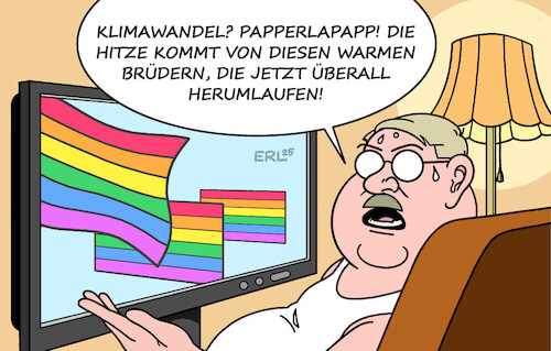 Cartoon: Hitze (medium) by Erl tagged politik,klima,klimawandel,wetter,hitze,pride,parade,christopher,street,day,lgbtq,ablehnung,rechtskonservativ,karikatur,erl,politik,klima,klimawandel,wetter,hitze,pride,parade,christopher,street,day,lgbtq,ablehnung,rechtskonservativ,karikatur,erl