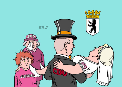 Cartoon: Hochzeit in Berlin (medium) by Erl tagged politik,berlin,wahl,abgeordnetenhaus,regierung,große,koalition,cdu,spd,kai,wegner,franziska,giffey,widerstand,basis,jusos,hochzeit,tränen,eifersucht,karikatur,erl,politik,berlin,wahl,abgeordnetenhaus,regierung,große,koalition,cdu,spd,kai,wegner,franziska,giffey,widerstand,basis,jusos,hochzeit,tränen,eifersucht,karikatur,erl