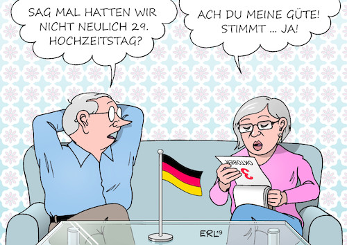 Cartoon: Hochzeitstag (medium) by Erl tagged politik,deutschland,tag,der,deutschen,einheit,wiedervereinigung,1990,2019,gemeinsamkeiten,unterschiede,vorurteile,gleichgültigkeit,alt,ehe,hochzeitstag,vergessen,karikatur,erl,politik,deutschland,tag,der,deutschen,einheit,wiedervereinigung,1990,2019,gemeinsamkeiten,unterschiede,vorurteile,gleichgültigkeit,alt,ehe,hochzeitstag,vergessen,karikatur,erl