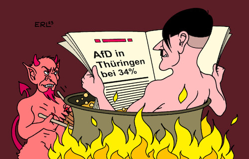 Cartoon: Höllennachrichten (medium) by Erl tagged politik,partei,afd,thüringen,gesichert,rechtsextrem,rechtsextremismus,umfrage,34,prozent,rekord,freude,hölle,adolf,hitler,teufel,karikatur,erl,politik,partei,afd,thüringen,gesichert,rechtsextrem,rechtsextremismus,umfrage,34,prozent,rekord,freude,hölle,adolf,hitler,teufel,karikatur,erl