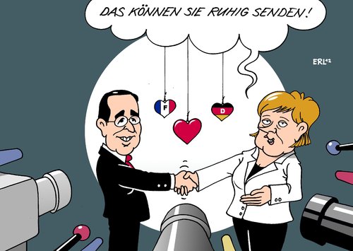 Cartoon: Hollande Merkel (medium) by Erl tagged frankreich,deutschland,achse,paris,berlin,europa,eu,francois,hollande,präsident,angela,merkel,bundeskanzlerin,schuldenkrise,kurs,harmonie,kamera,mikrofon,medien,senden,interview,horst,seehofer,wahl,nrw,schelte,röttgen,frankreich,deutschland,berlin,paris,europa,hollande