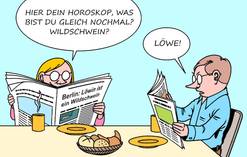 Cartoon: Horoskop (medium) by Erl tagged politik,gesellschaft,psychologie,wahrnehmung,sommerloch,berlin,foto,löwin,suche,polizei,aufregung,analyse,experten,wildschwein,horoskop,sternzeichen,löwe,karikatur,erl,politik,gesellschaft,psychologie,wahrnehmung,sommerloch,berlin,foto,löwin,suche,polizei,aufregung,analyse,experten,wildschwein,horoskop,sternzeichen,löwe,karikatur,erl