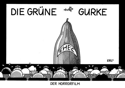 Cartoon: Horrorfilm (medium) by Erl tagged ehec,bakterium,bakterien,durchfall,niere,nerven,rind,gülle,spanien,gurke,panik,angst,horror,film,lebensmittel