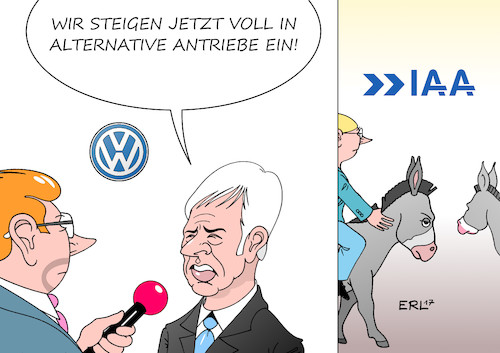 Cartoon: Müllers Esel (medium) by Erl tagged automobil,messe,frankfurt,iaa,auto,diesel,dieselaffäre,abgas,test,software,manipulation,betrug,stickoxide,feinstaub,alternative,antrieb,elektroauto,erdgas,autogas,brennstoffzelle,wasserstoff,hybrid,mobilität,ankündigung,volkswagen,vw,matthias,müller,reiten,esel,karikatur,erl,automobil,messe,frankfurt,iaa,auto,diesel,dieselaffäre,abgas,test,software,manipulation,betrug,stickoxide,feinstaub,alternative,antrieb,elektroauto,erdgas,autogas,brennstoffzelle,wasserstoff,hybrid,mobilität,ankündigung,volkswagen,vw,matthias,müller,reiten,esel,karikatur,erl