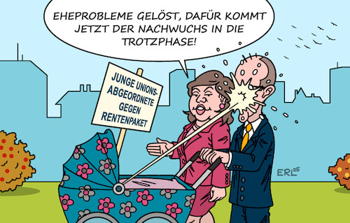 Cartoon: Immer was los in der Familie (medium) by Erl tagged politik,koalition,rentenpaket,widerstand,abgeordnete,union,jung,ehe,nachwuchs,trotzphase,merz,klingbeil,karikatur,erl,politik,koalition,rentenpaket,widerstand,abgeordnete,union,jung,ehe,nachwuchs,trotzphase,merz,klingbeil,karikatur,erl