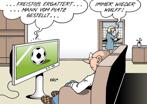 Cartoon: Immer wieder (medium) by Erl tagged bundespräsident,christian,wulff,affäre,kredit,urlaub,mailbox,bild,zeitung,sprecher,vertrauter,glaeseker,bestechung,entlassung,rauswurf,start,fußball,bundesliga,freistoß,platzverweis,wulff,affäre,bundespräsident,bild,zeitung,mailbox,vertrauter,glaeseker