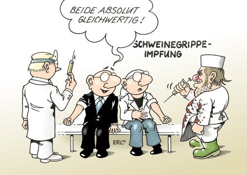 Cartoon: Impfung (medium) by Erl tagged schweinegrippe,impfung,impfstoff,unterschied,politiker,bürger,impfung,schweinegrippe,pandmie,impfstoff,nebenwirkungen,wirkungsverstärker,krankheit,gesundheit,grippe,virus,nebenwirkung,patient,praxis,arzt,doktor,bürger,politiker,unterschied