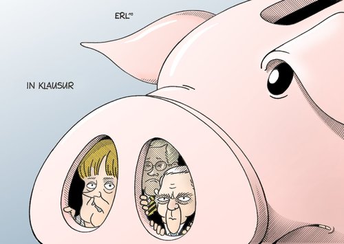 Cartoon: In Klausur (medium) by Erl tagged regierung,cdu,csu,fdp,schwarz,gelb,sparen,sparzwang,schulden,merkel,schäuble,westerwelle,gefangen,sparschwein,regierung,cdu,csu,schwarz,gelb,sparen,sparzwang,schulden,angela merkel,guido westerwelle,gefangen,angela,merkel,guido,westerwelle